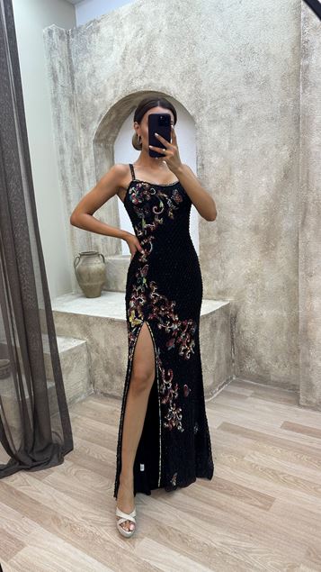 Black Black Rope Strap Special Embroidered Design Dress