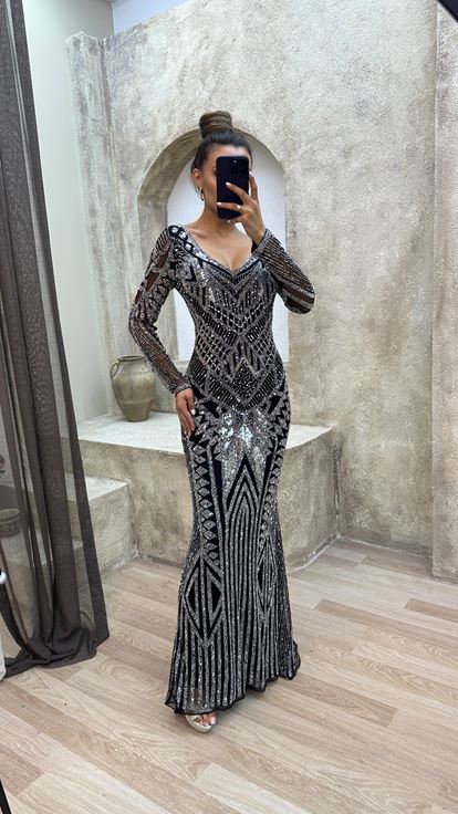 Silver Back Detail V Neck Special Embroidered Evening Dress