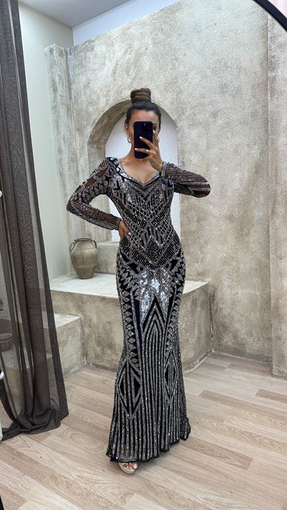 Silver Back Detail V Neck Special Embroidered Evening Dress