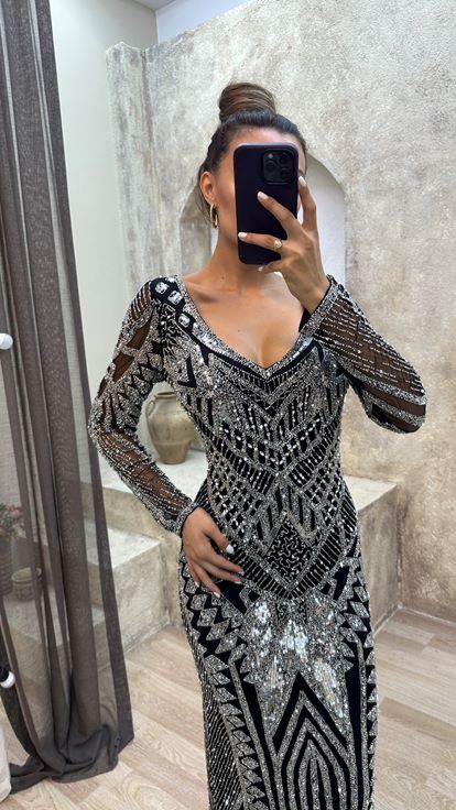 Silver Back Detail V Neck Special Embroidered Evening Dress