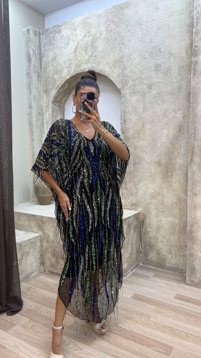 Yeşil Özel İşlemeli Tasarım Abiye Elbise