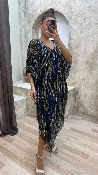 Yeşil Özel İşlemeli Tasarım Abiye Elbise