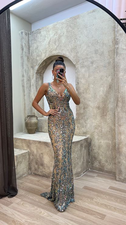 Mint Green V Neck Back Detail Special Embroidered Design Evening Dress