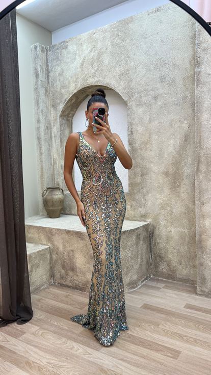 Mint Green V Neck Back Detail Special Embroidered Design Evening Dress