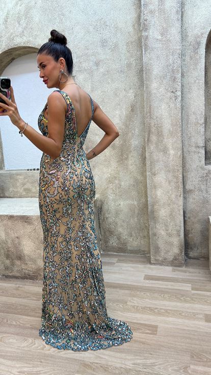 Mint Green V Neck Back Detail Special Embroidered Design Evening Dress