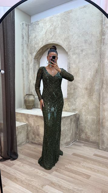 Khaki V-Neck Robe de soirée brodée spéciale