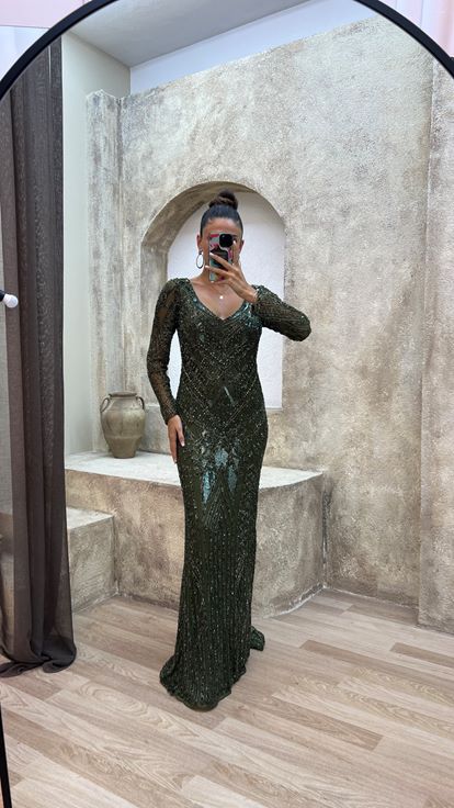 Khaki V Neck Special Embroidered Evening Dress