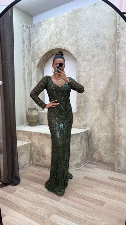 Khaki V Neck Special Embroidered Evening Dress