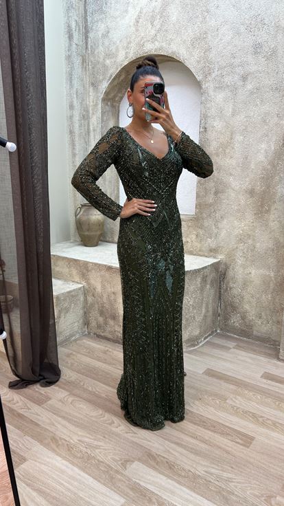 Khaki V Neck Special Embroidered Evening Dress