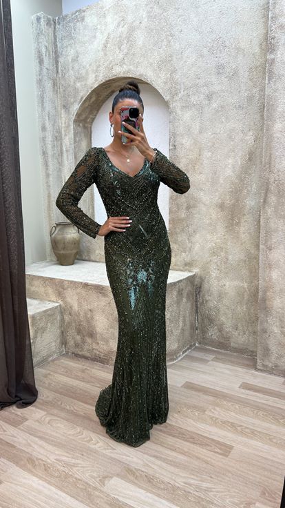 Khaki V Neck Special Embroidered Evening Dress