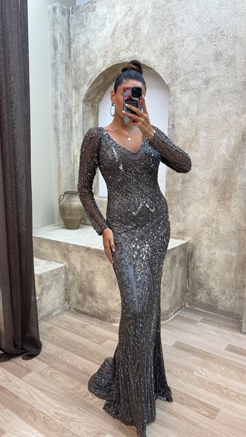 antracite V-Neck speciale ricamato design abito da sera