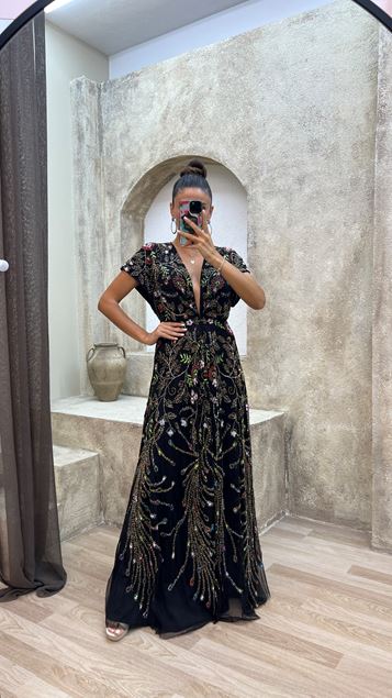 Black V-Neck Back Detail Special Embroidered Design Evening Dress