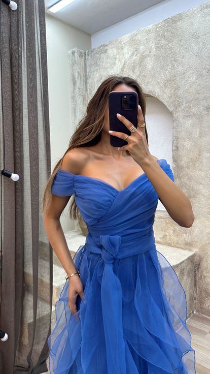Blue Shoulder Detail Waist Cross Detail Design Tulle Dress