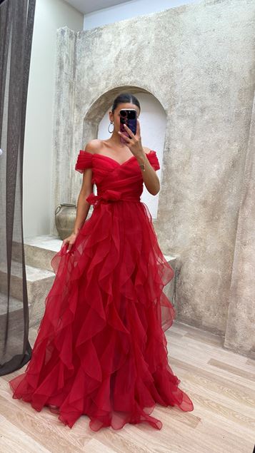 Red Red Shoulder Detail Waist Cross Detail Design Tulle Dress