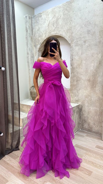 Fuchsia Fuchsia Shoulder Detail Waist Cross Detail Design Tulle Dress