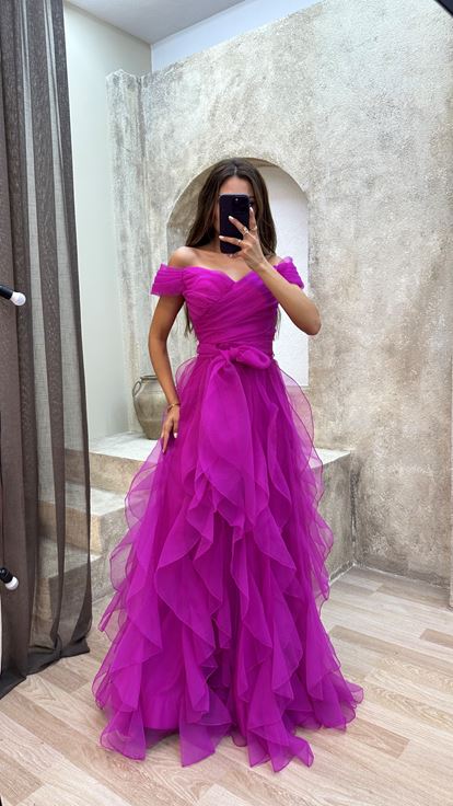 Fuchsia Fuchsia Shoulder Detail Waist Cross Detail Design Tulle Dress