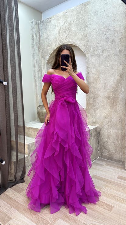 Fuchsia Fuchsia Shoulder Detail Waist Cross Detail Design Tulle Dress