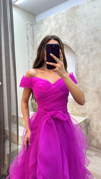Fuchsia Fuchsia Shoulder Detail Waist Cross Detail Design Tulle Dress