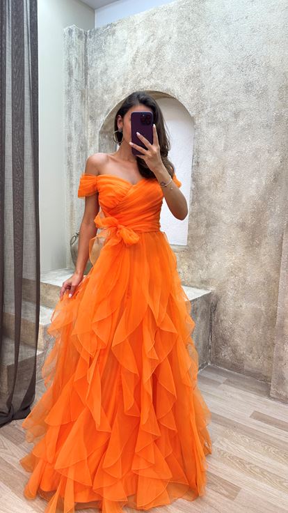 Orange Orange Shoulder Detail Waist Cross Detail Detail Design Tulle Dress
