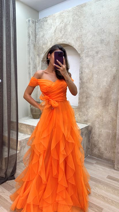 Orange Orange Shoulder Detail Waist Cross Detail Detail Design Tulle Dress
