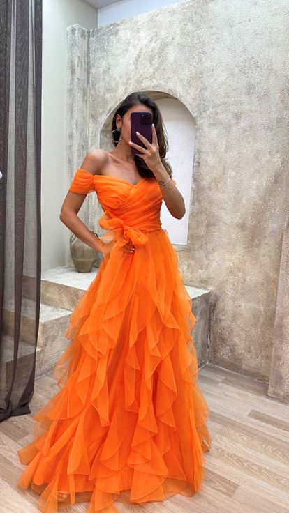 Orange Orange Shoulder Detail Waist Cross Detail Detail Design Tulle Dress