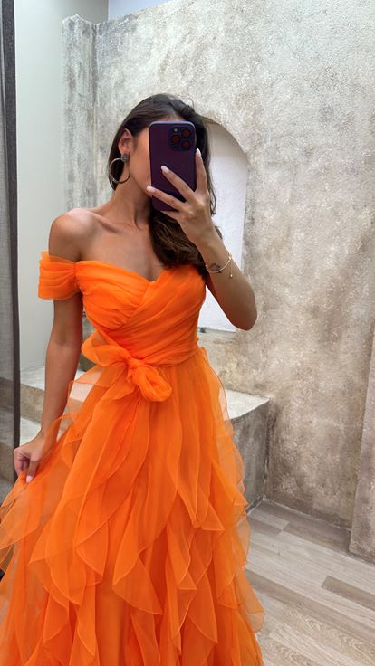 Orange Orange Shoulder Detail Waist Cross Detail Detail Design Tulle Dress