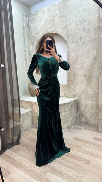 Emerald Green Emerald Green Neck Processing Detail Waist Draped Design Dress