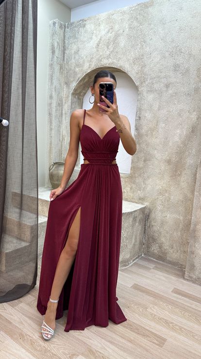 Bordo İp Askılı Bel Detay Abiye Elbise