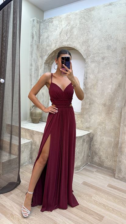 Bordo İp Askılı Bel Detay Abiye Elbise