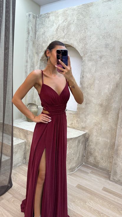 Bordo İp Askılı Bel Detay Abiye Elbise