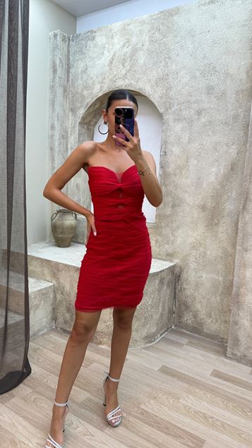 Kırmızı Straplez Göğsü Fiyonk Detay Mini Tül Elbise