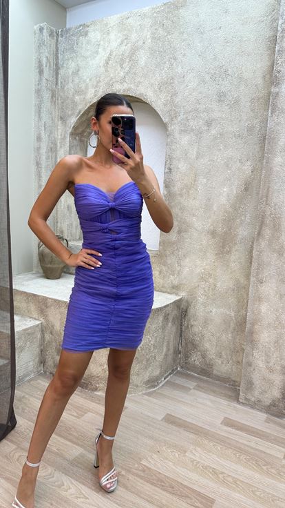 Lilas Strapless Chest Bow Detail Mini Tulle Robe