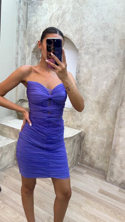 Lilas Strapless Chest Bow Detail Mini Tulle Robe