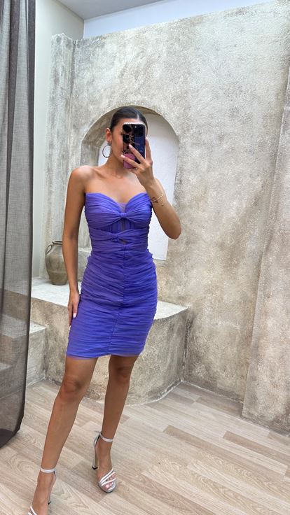 Lilas Strapless Chest Bow Detail Mini Tulle Robe