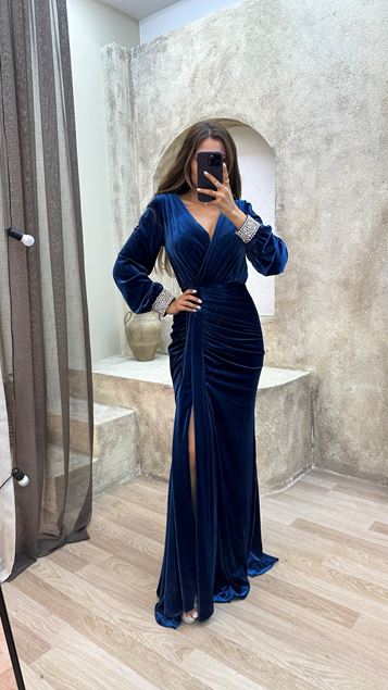 Marine Blue Navy Blue V -Neck Detalle Back Detalle Armsstein Vestido De Diseño Bordado