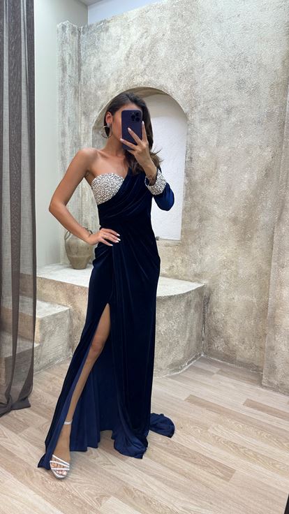 Lacivert Tek Omuz Göğsü İşlemeli Elbise