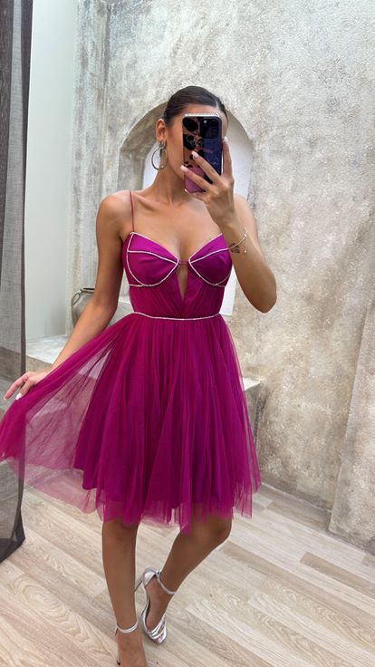 Fuchsıa Fuchsıa Strap Store Processing Detalle Diseño Tulle Vestido
