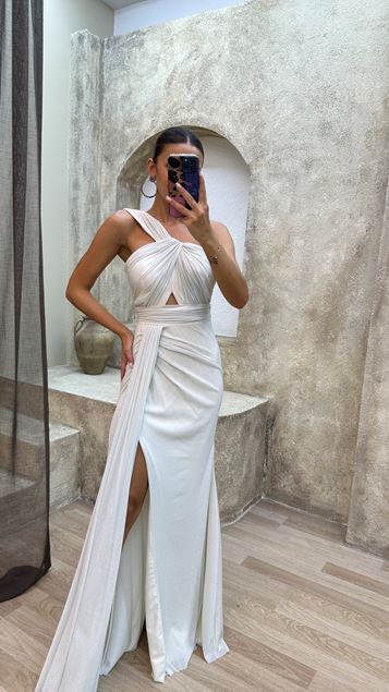 White White Strapless Chest Draped Waist Detail Design Dress