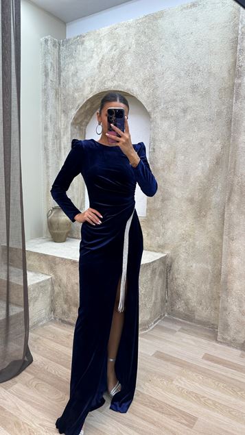 Navy Blue Navy Blue Bike Collar Processing Detail Design Evening Dress Dress