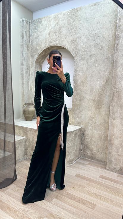 Zümrüt Bisiklet Yaka İşlemeli Abiye Elbise