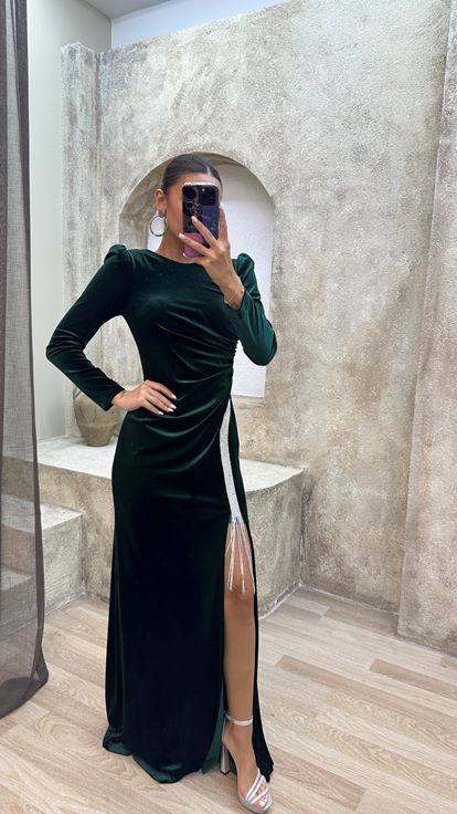 Zümrüt Bisiklet Yaka İşlemeli Abiye Elbise