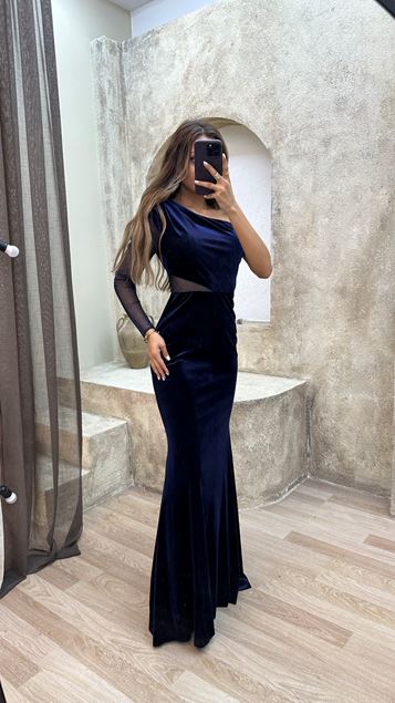 Marineblaues, einärmliges, besticktes Kleid mit Fenstertaille