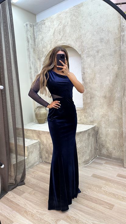 Lacivert Tek Kol Beli Pencereli İşlemeli Elbise