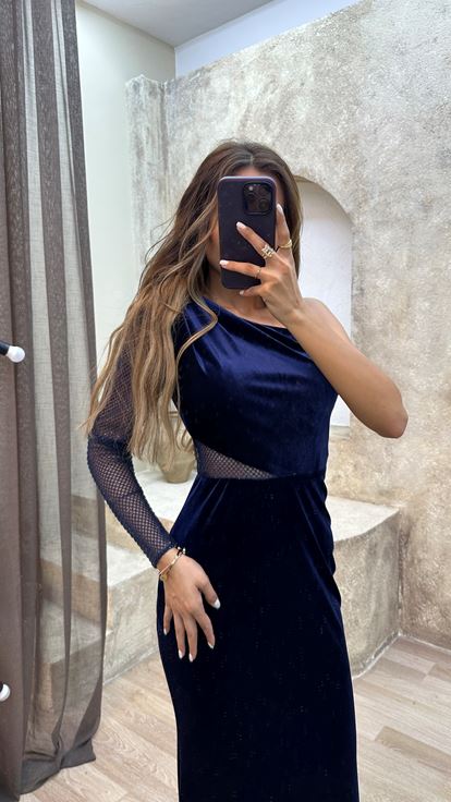 Lacivert Tek Kol Beli Pencereli İşlemeli Elbise