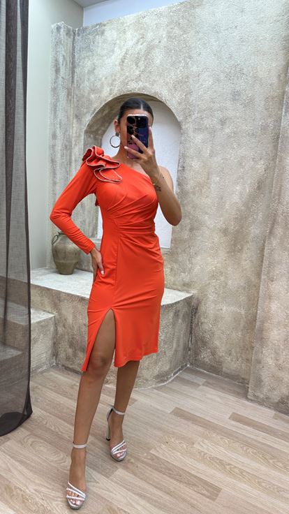 Orange Orange One Sleeve Shoulder Detail Design Evening Dress