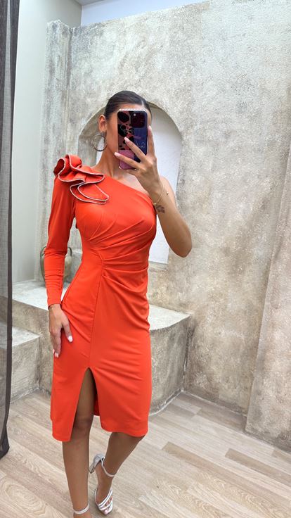 Orange Orange One Sleeve Shoulder Detail Design Evening Dress