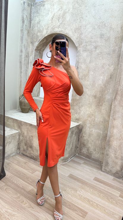 Orange Orange One Sleeve Shoulder Detail Design Evening Dress