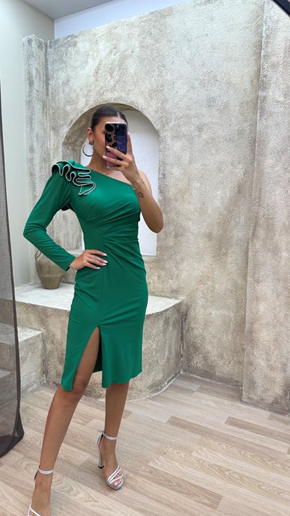 Emerald Green Emerald Green One Arm Shoulder Detail Design Evening Dress Dress