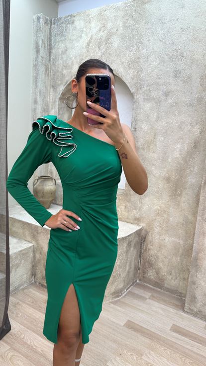 Emerald Green Emerald Green One Arm Shoulder Detail Design Evening Dress Dress