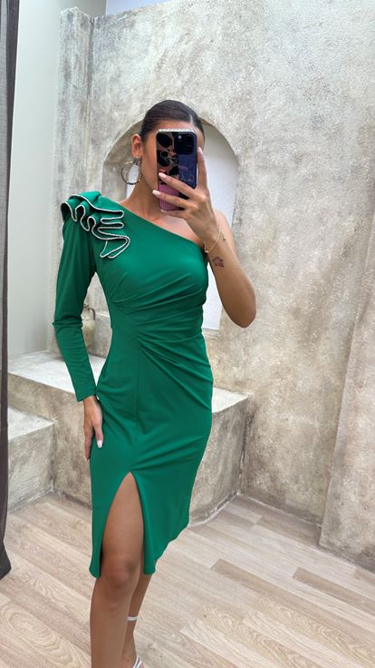 Emerald Green Emerald Green One Arm Shoulder Detail Design Evening Dress Dress